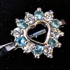 Heart Shaped .925 Sterling Silver Ring w/ Teal & Clear Brilliant Cubic Zirconia!